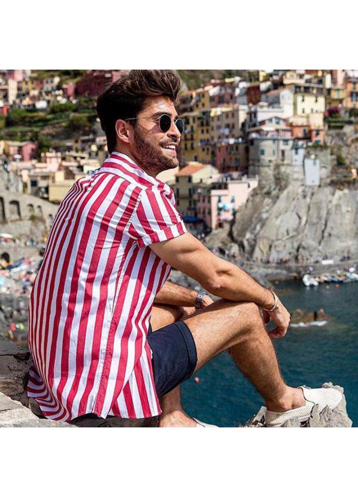 Europe and America 2019 new foreign trade express Amazon eBay stripe casual men's Shirt Short Sleeve Shirt