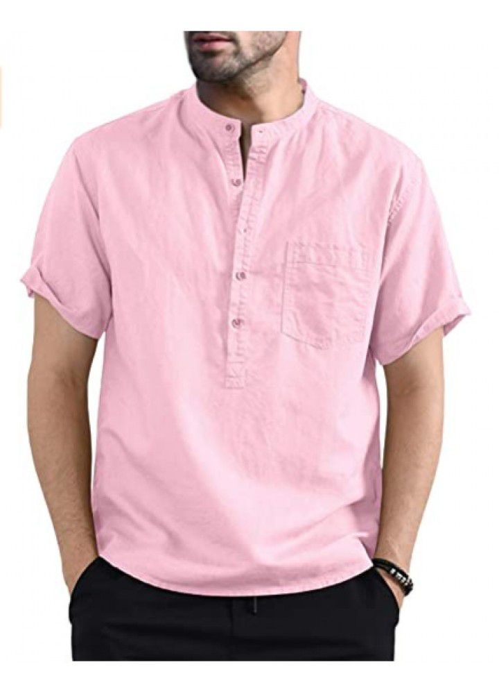 Spot 2021 new men's casual stand collar short sleeve cotton shirt popular in Europe and America