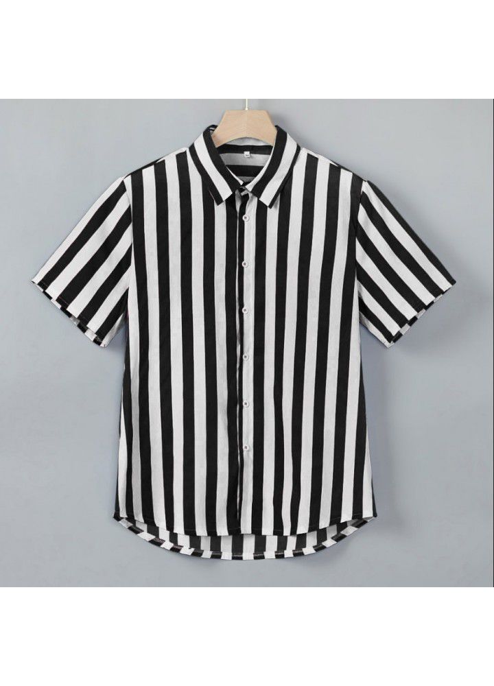 Europe and America 2019 new foreign trade express Amazon eBay stripe casual men's Shirt Short Sleeve Shirt