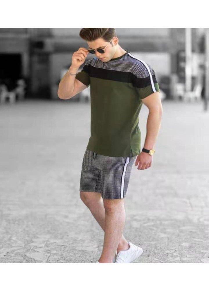 2021 new men's leisure trend splicing suit leisure sports two piece suit