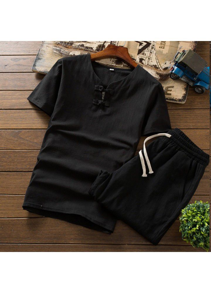 Spot 2021 new men's casual cotton and hemp two piece Shorts Shirt C110 top in Europe and America
