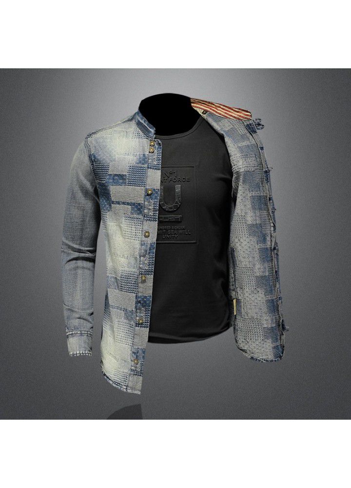 Cross border long term retro color personalized patch denim shirt art floral punk shirt men's w61081