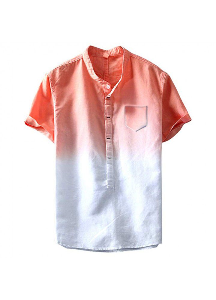 2019 foreign trade hot sale European and American fashion shirt slim fitting gradual change printing half pocket cardigan cotton linen short sleeve shirt men's shirt