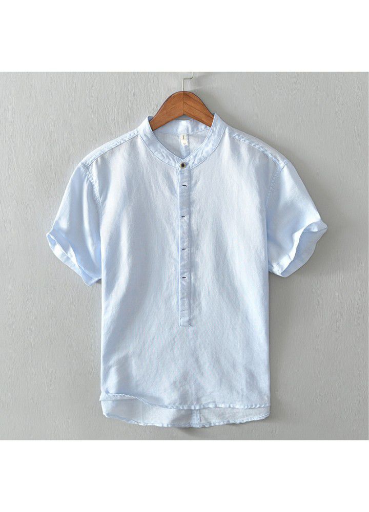 Spot 2021 new men's casual stand collar short sleeve cotton shirt popular in Europe and America