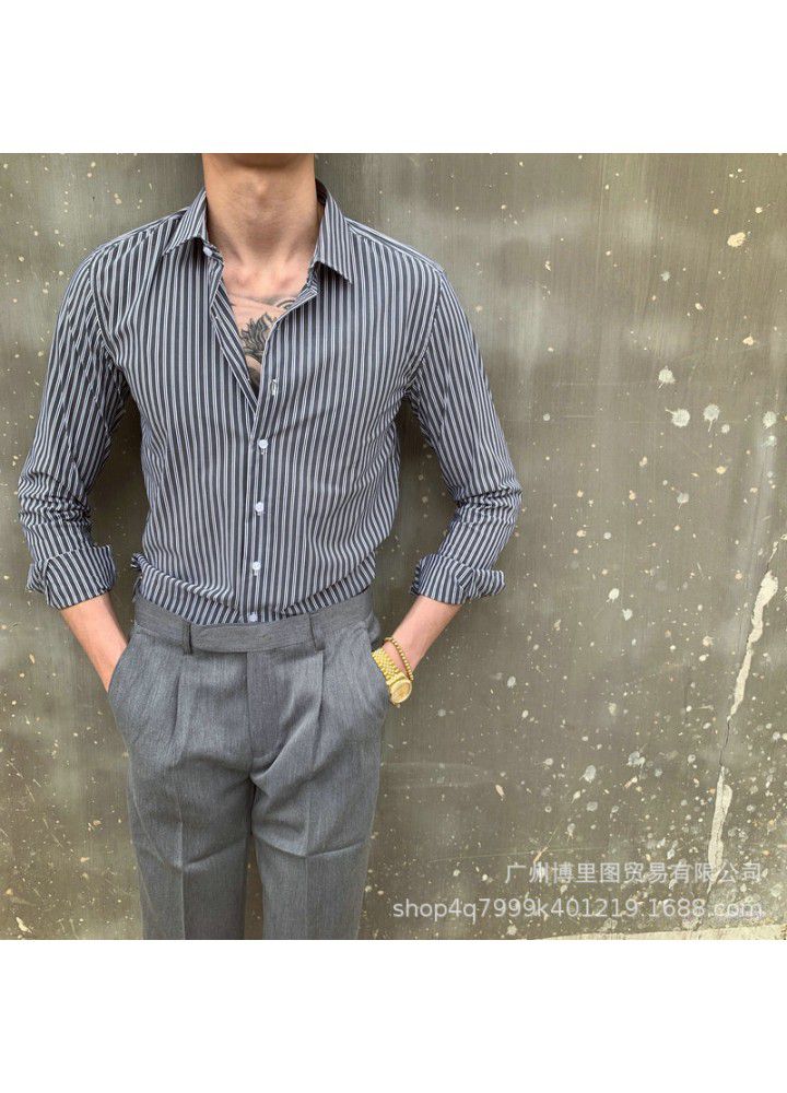 C2213 new European and American men's autumn long sleeve light business Lapel stripe slim retro youth shirt customization
