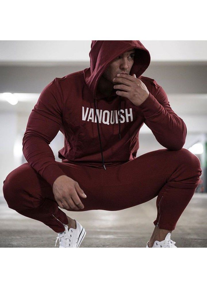 Cross border supply muscle brothers fitness men's sports suit autumn winter hooded Pullover Sweater casual leg pants
