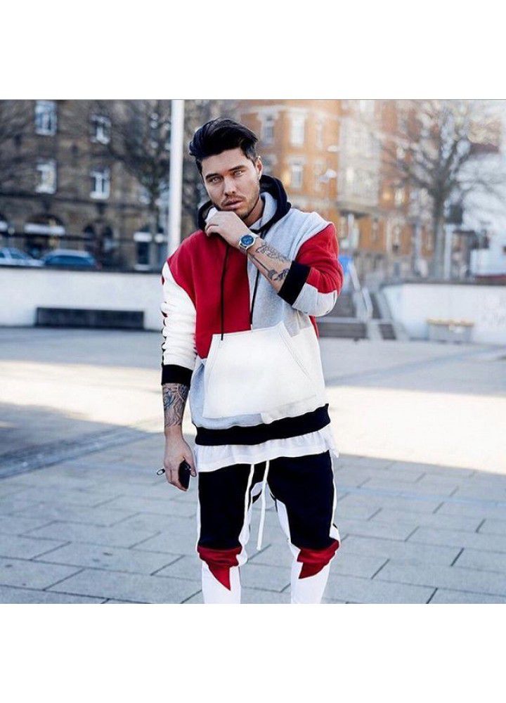 Europe and the United States cross border autumn and winter new multi color patchwork loose hooded sweater men's street trend hip hop jacket wholesale