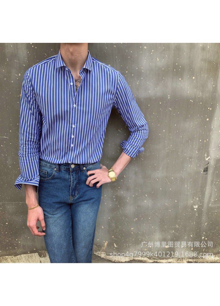 C2213 new European and American men's autumn long sleeve light business Lapel stripe slim retro youth shirt customization