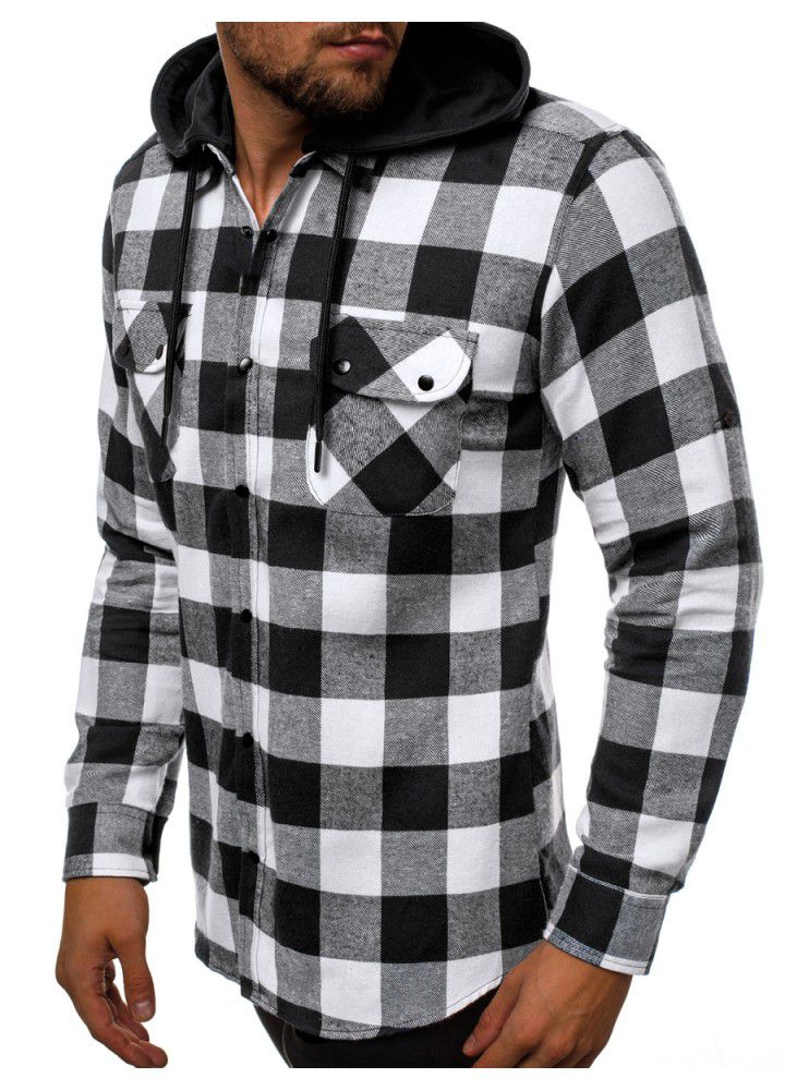 2020 spring new men's Plaid Hooded Shirt tooling pocket detachable hat casual long sleeve Hoodie