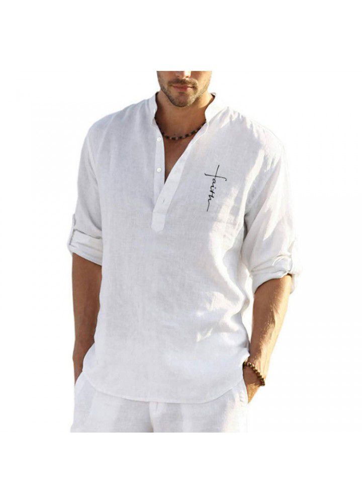 Cross border men's wear autumn 2021 new solid color cotton hemp loose long sleeve shirt fashion stand collar men's casual shirt