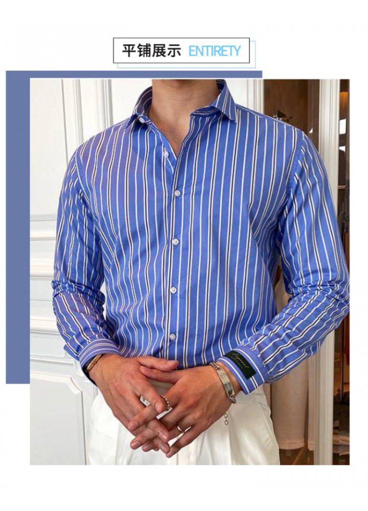 C2221 new men's Lapel long sleeve light business youth retro slim Stripe Shirt Small wholesale customization