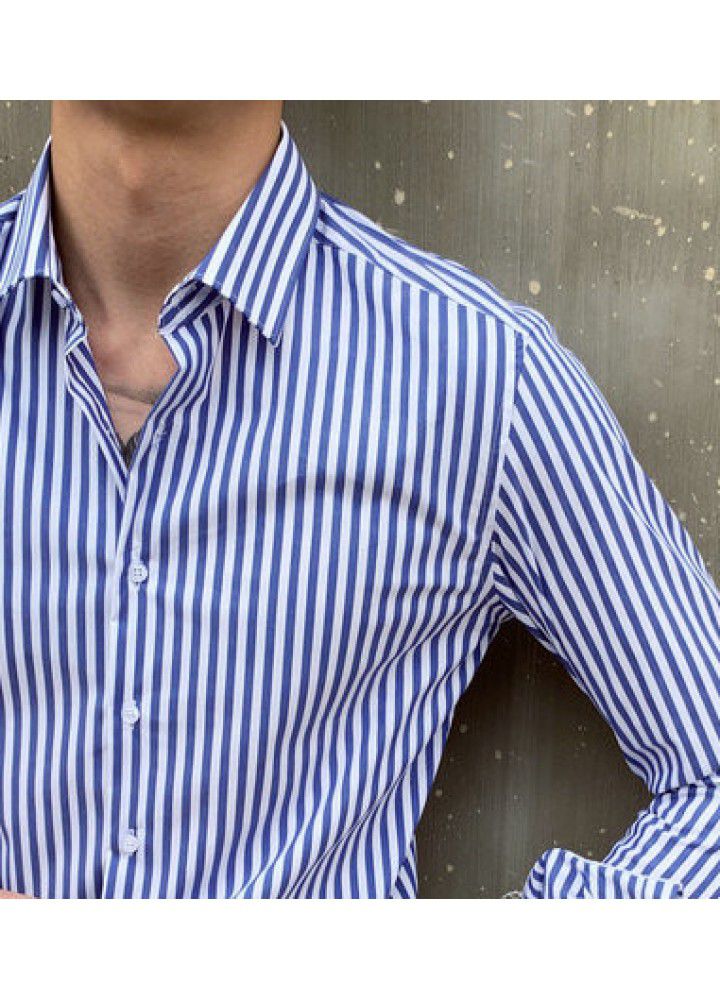 C2216 European and American new men's autumn thin Lapel light business retro slim striped shirt long sleeve independent station