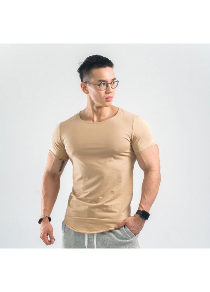 Sports T-shirt short sleeve men's loose fitting European and American T-shirt arc hem fitness trend running fast dry Breathable top