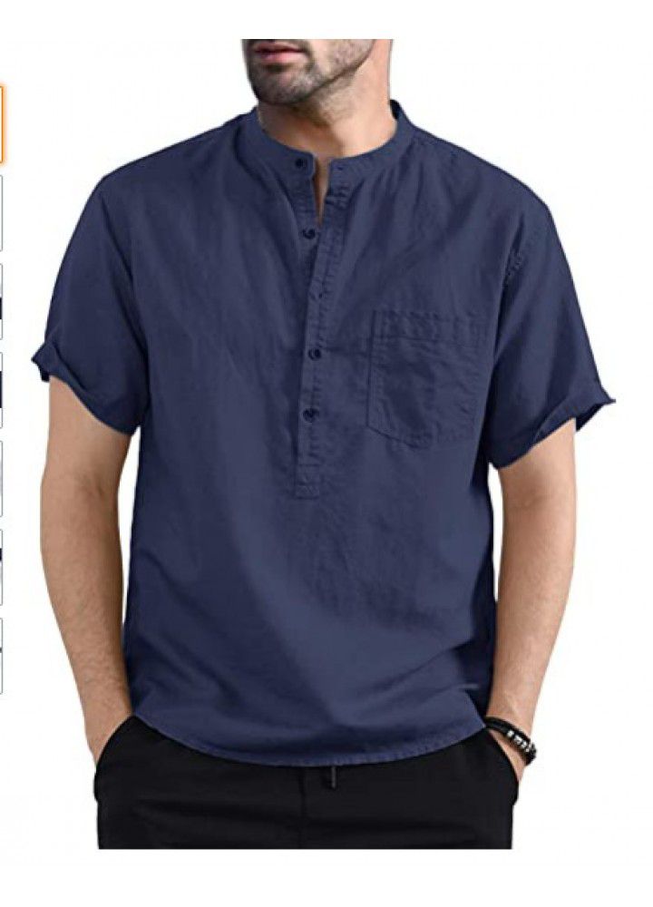 Spot 2021 new men's casual stand collar short sleeve cotton shirt popular in Europe and America