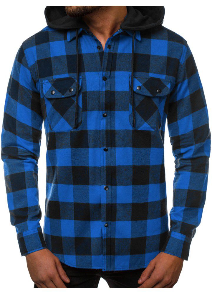 2020 spring new men's Plaid Hooded Shirt tooling pocket detachable hat casual long sleeve Hoodie