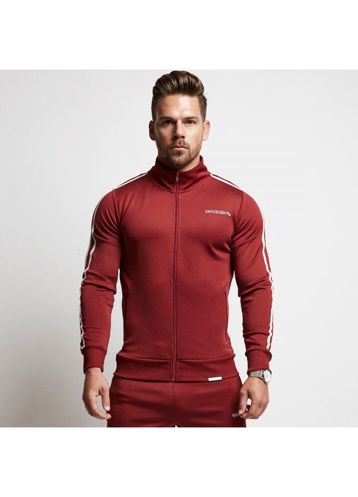 2018 new fitness muscle brother VQ sleeve lacing printing slim fitting sweater autumn and winter sports stand collar coat for men