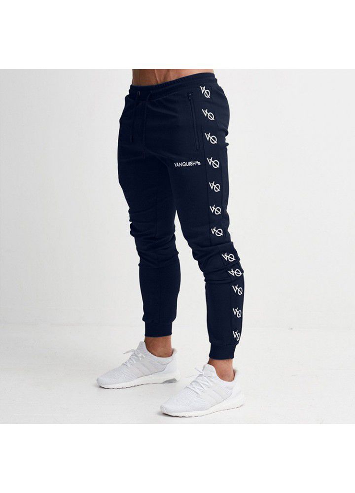 Cross border for muscle brothers sports fitness men's print zipper casual Leggings autumn and winter slim stretch pants