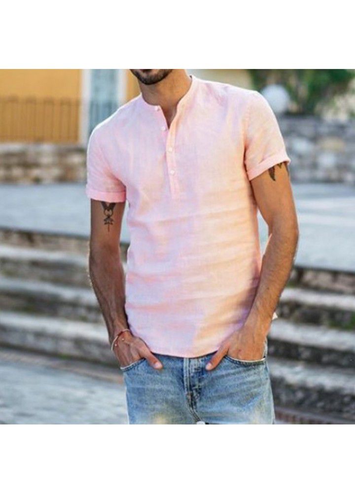 2020 new cross border men's stand collar cotton linen short sleeve shirt Amazon wish popular shirt