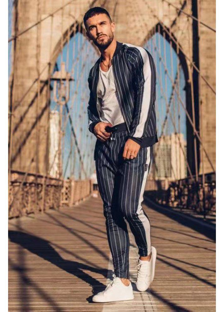 New muscle brothers fitness autumn and winter men's stripe sports suit casual sweater fitness stretch running