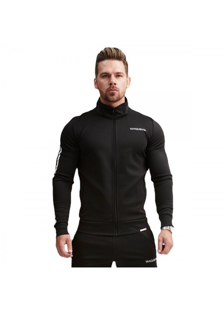 2018 new fitness muscle brother VQ sleeve lacing printing slim fitting sweater autumn and winter sports stand collar coat for men