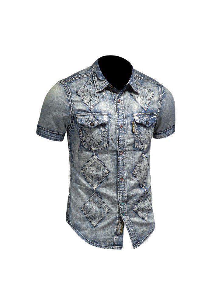 European style summer short sleeve denim floral shirt make old wash slim light color men's retro floral shirt 15131