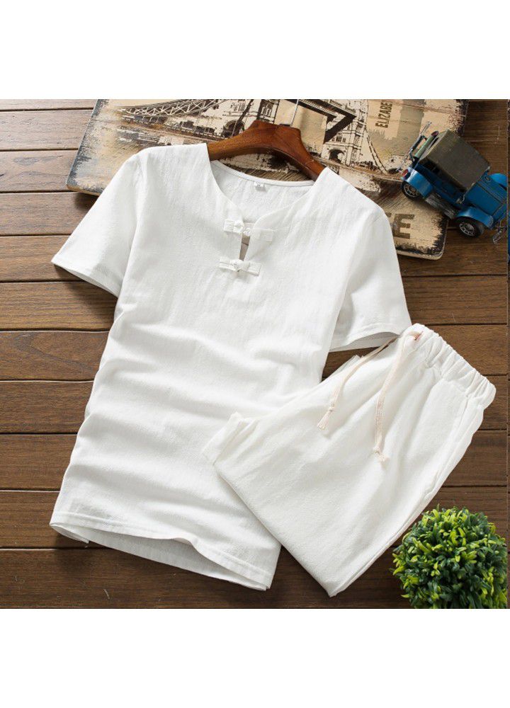 Spot 2021 new men's casual cotton and hemp two piece Shorts Shirt C110 top in Europe and America