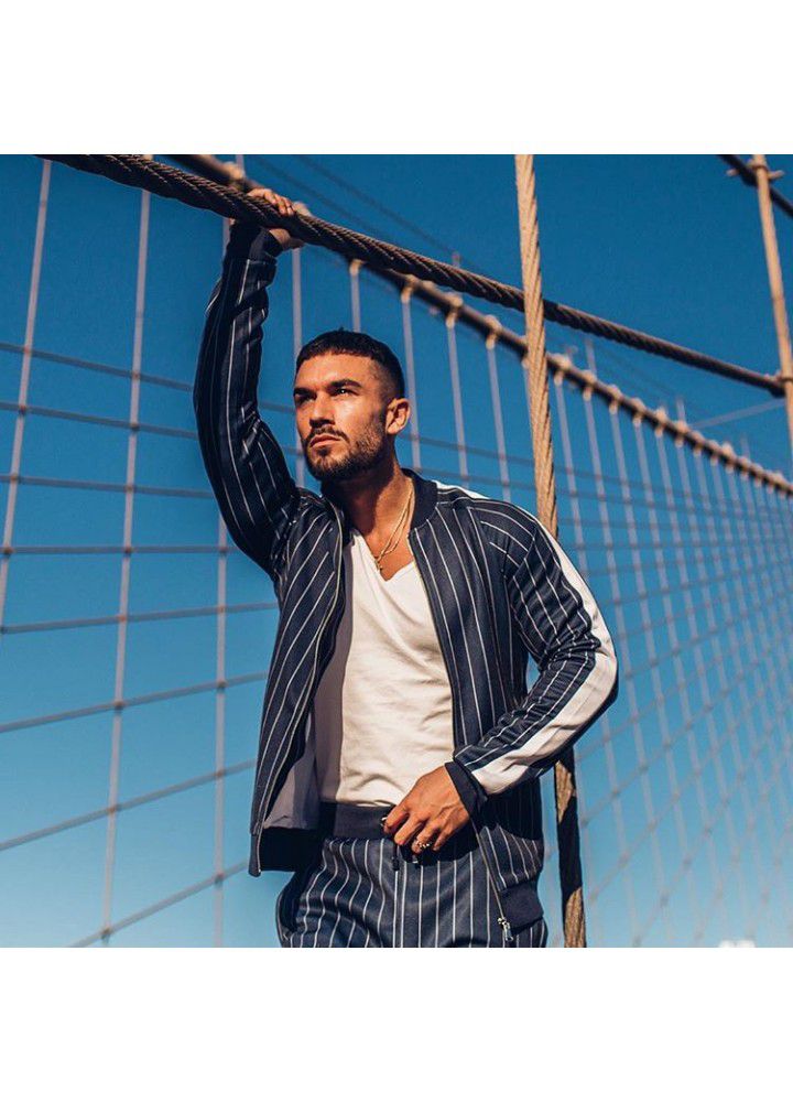 New muscle brothers fitness autumn and winter men's sports stripe cardigan cotton sweater elastic fitness running zipper shirt