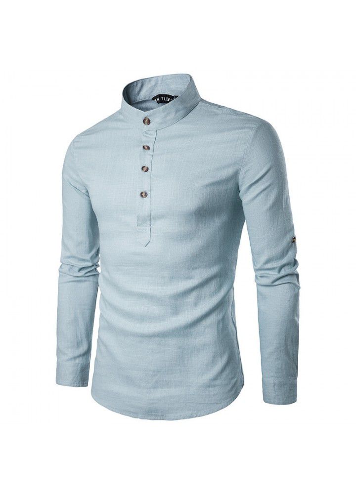 Cross border men's fashion shirt foreign trade long sleeve standing collar linen slim sleeve shirt foreign trade long term goods