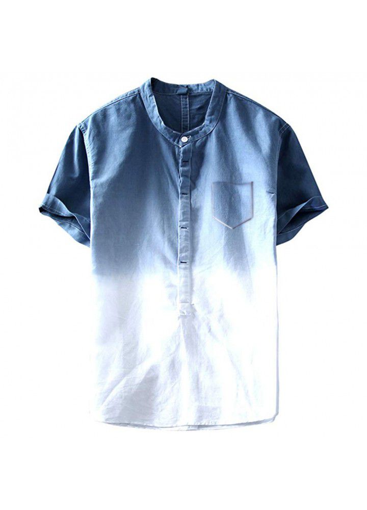 2019 foreign trade hot sale European and American fashion shirt slim fitting gradual change printing half pocket cardigan cotton linen short sleeve shirt men's shirt
