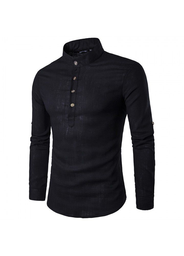 Cross border men's fashion shirt foreign trade long sleeve standing collar linen slim sleeve shirt foreign trade long term goods