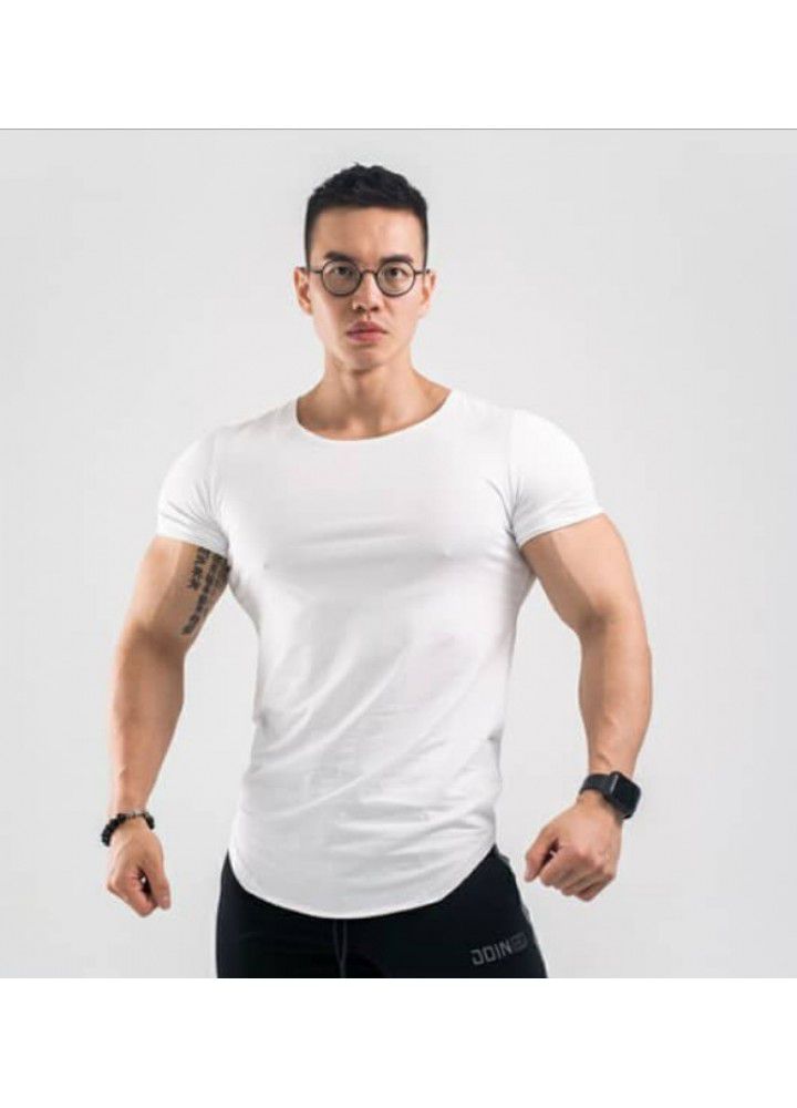 Sports T-shirt short sleeve men's loose fitting European and American T-shirt arc hem fitness trend running fast dry Breathable top
