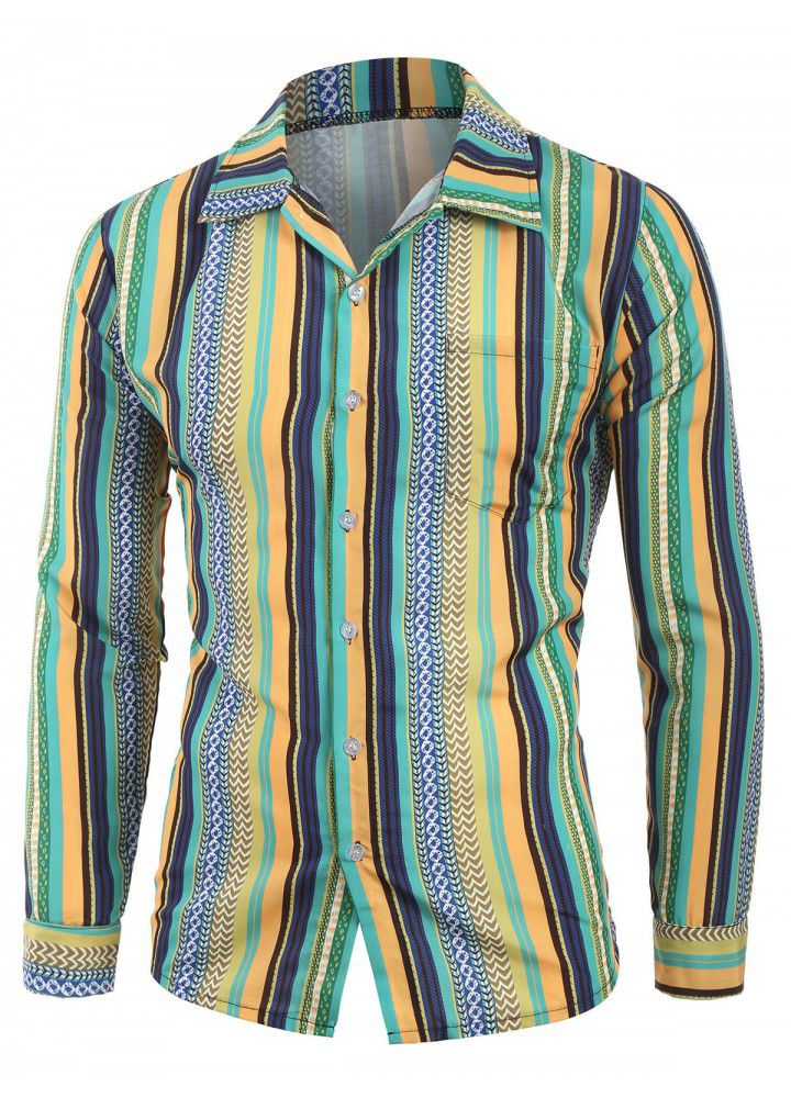 European Code 2019 summer European and American men's long sleeve shirt leisure digital printing T-shirt cardigan Long Sleeve Shirt