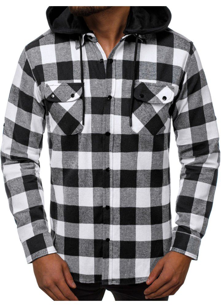2020 spring new men's Plaid Hooded Shirt tooling pocket detachable hat casual long sleeve Hoodie