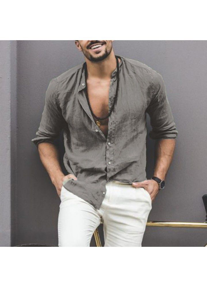 Europe and America wish fast selling popular pure color cotton hemp long sleeve standing collar men's shirt Amazon popular spot