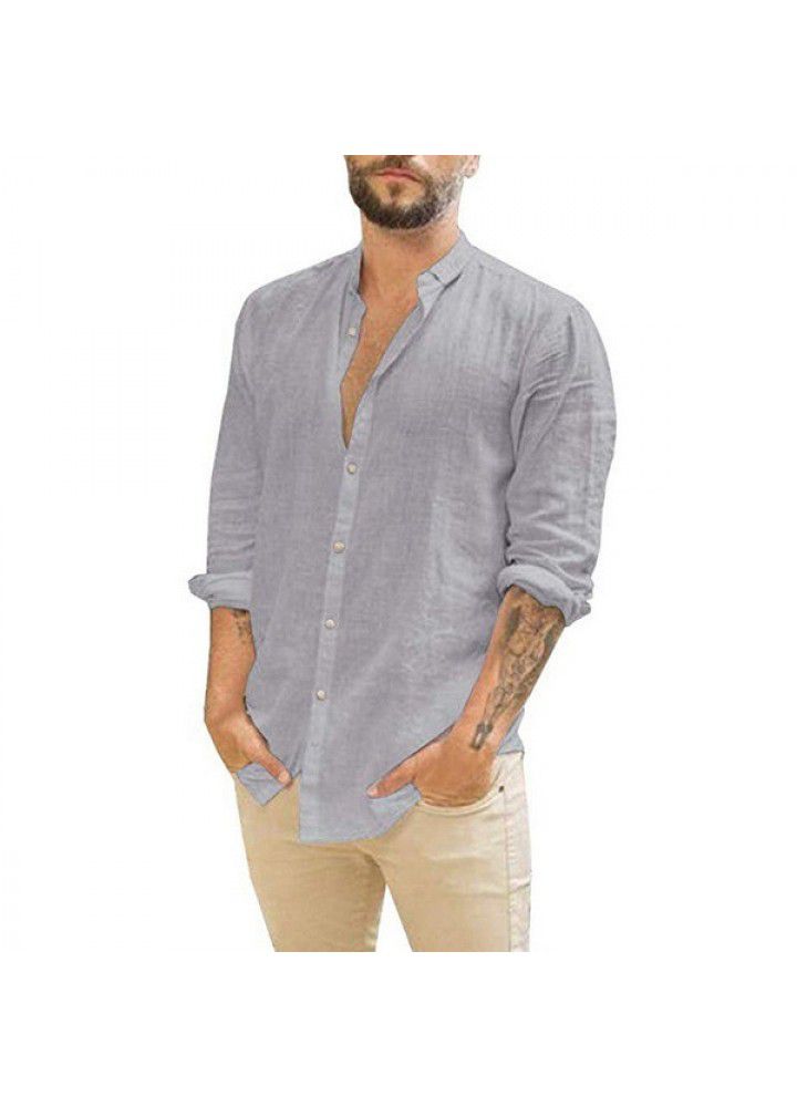 2021 Amazon wish express Europe and America men's new linen cardigan solid casual collar Long Sleeve Shirt