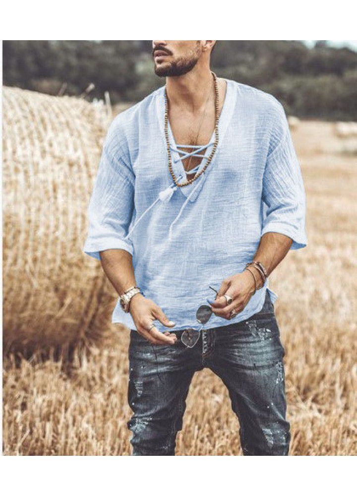 Spot 2021 new men's casual cotton and hemp shirt V-neck mid sleeve top