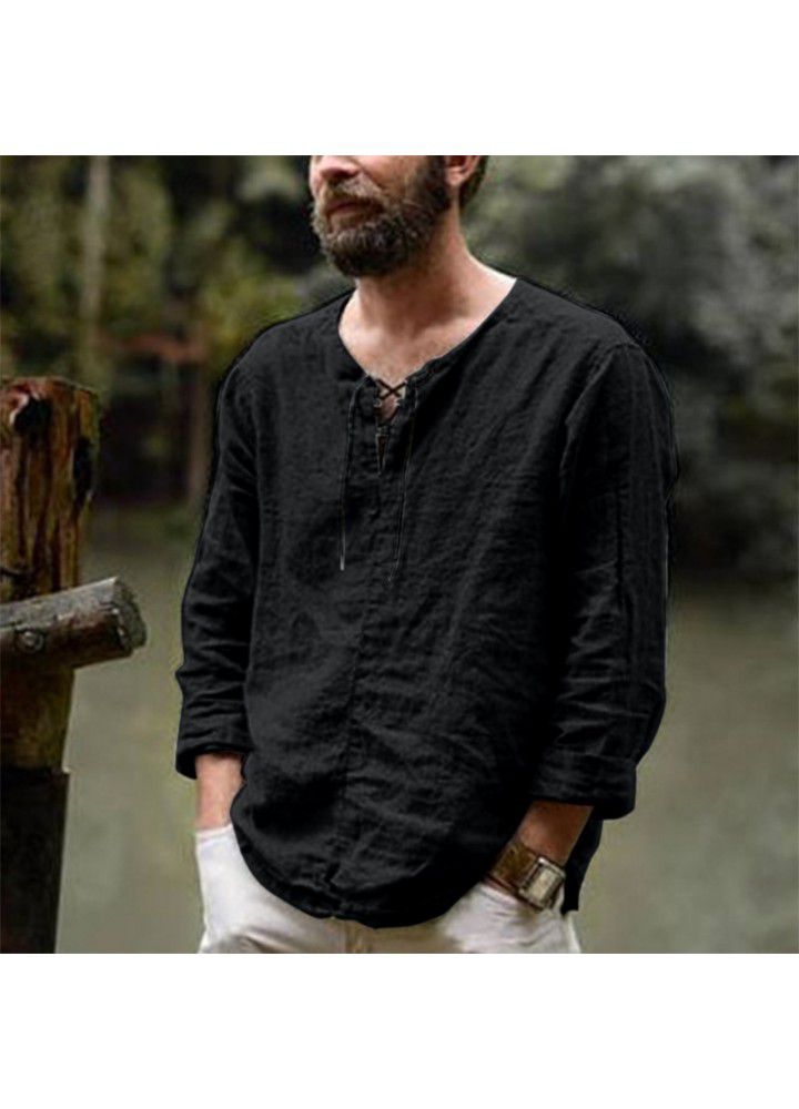 Spot 2021 new men's casual cotton and linen shirt, Europe and America cross border popular bandage long sleeve top