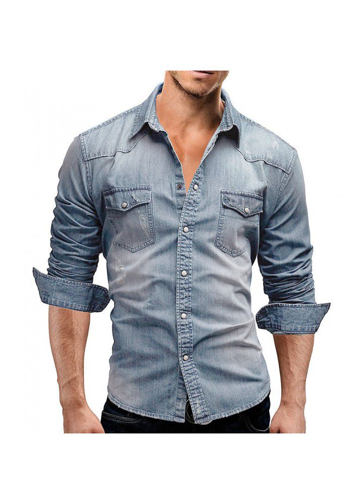 European and American men's double pocket men's casual long sleeve denim shirt 3011