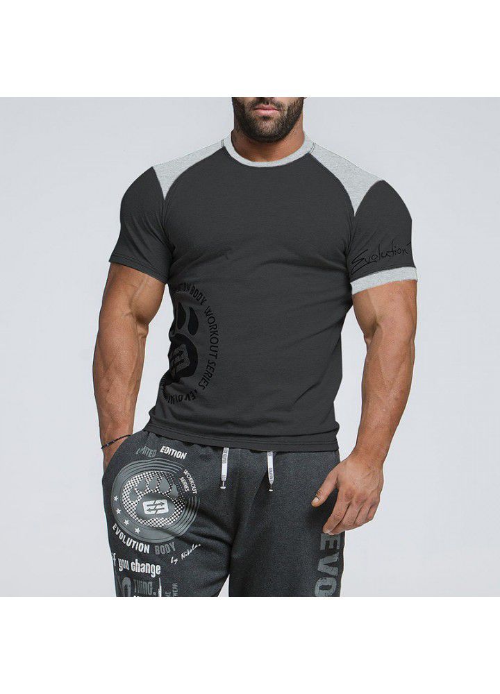 Fitness 2021 summer men's cotton T-shirt printed round short sleeve sports T-shirt fashion
