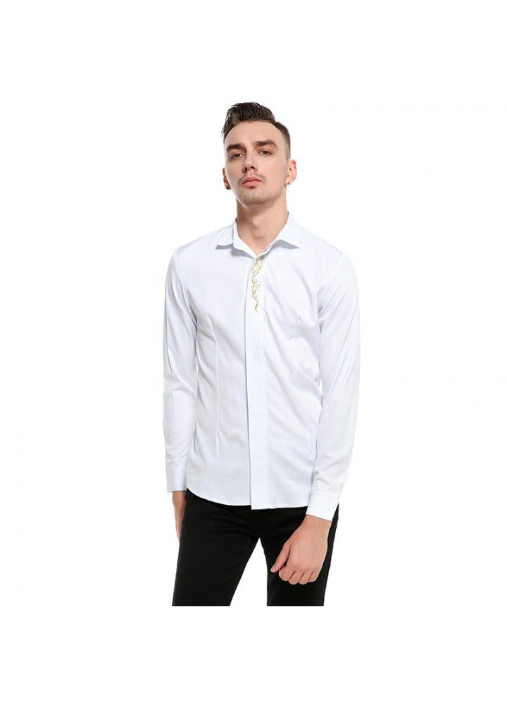 New foreign trade shirts sell quickly autumn European men's neckline embroidery bottoming slim long sleeve shirt