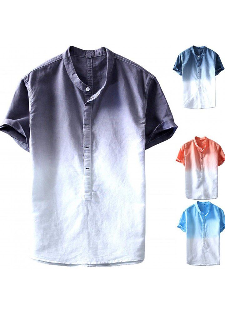 2019 foreign trade hot sales European and American fashion shirt slim digital gradient printing half cardigan cotton linen short sleeve shirt men's shirt