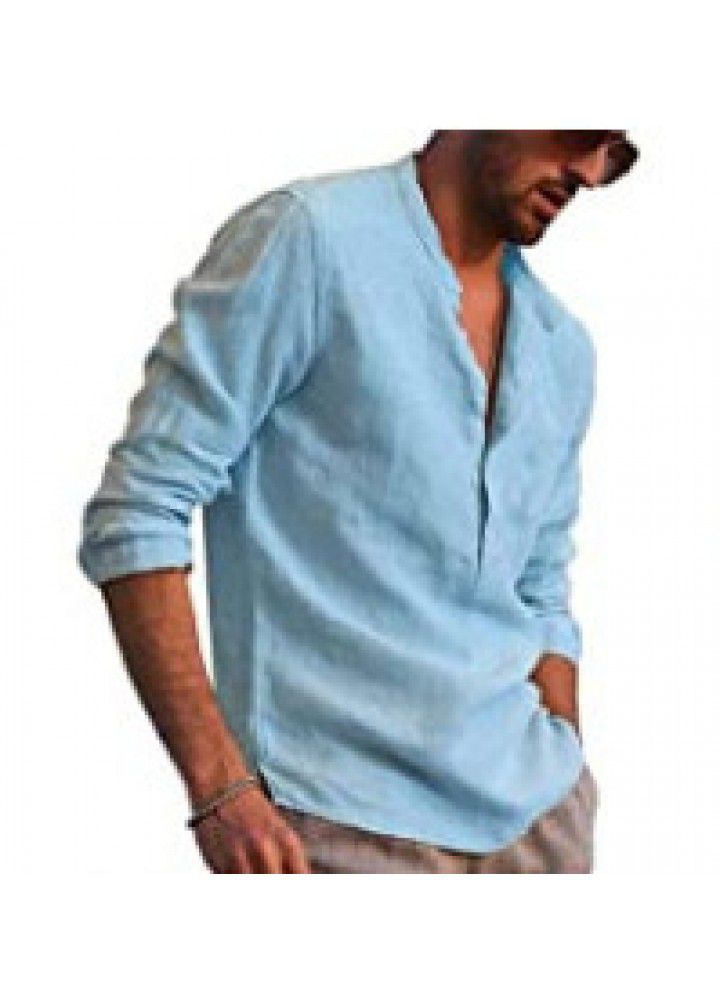 Spot 2021 new men's casual standing collar cotton and linen shirt cross border sales in Europe and America