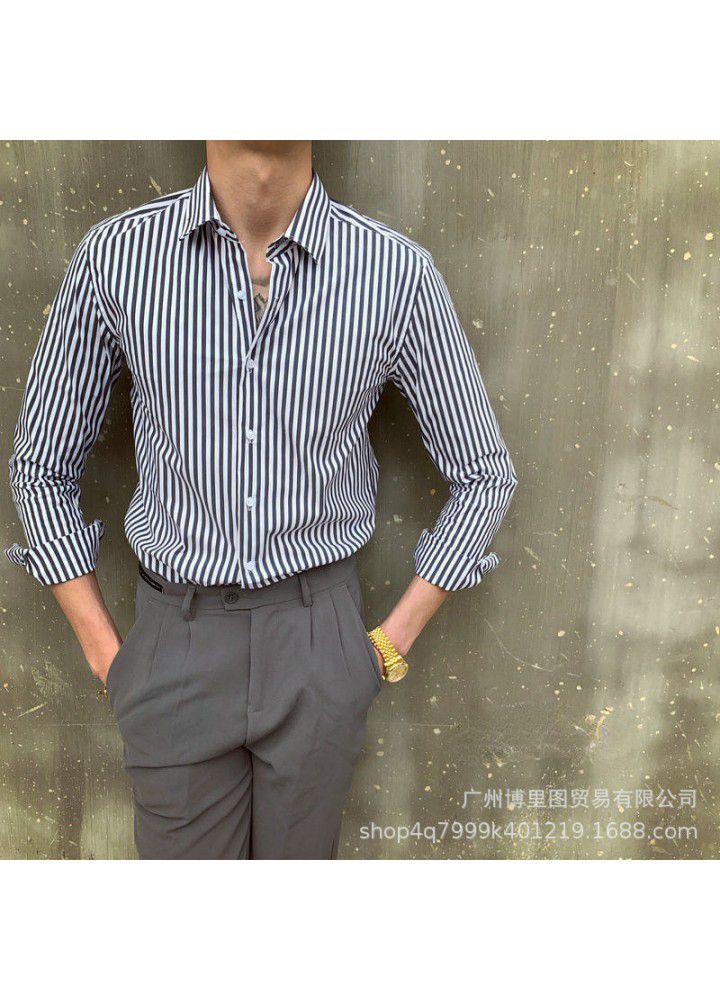 C2216 European and American new men's autumn thin Lapel light business retro slim striped shirt long sleeve independent station