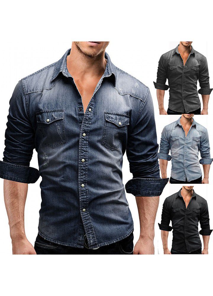 European and American men's double pocket men's casual long sleeve denim shirt 3011