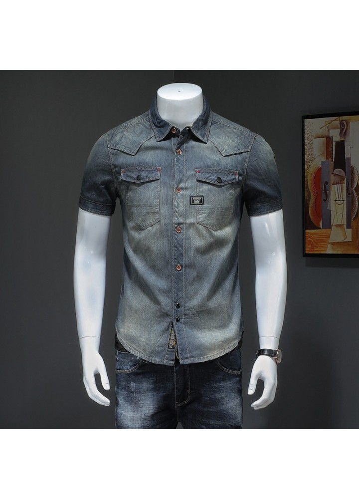 19 new high quality Denim Short Sleeve Shannan high quality washed Vintage denim shirt Qiantang building