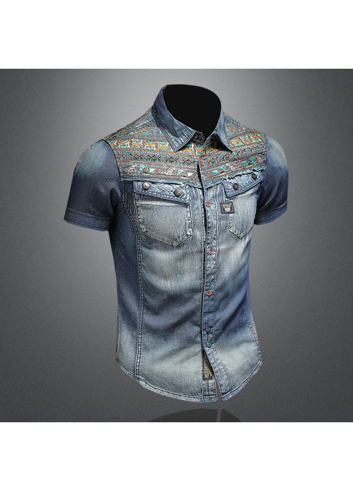 New Retro National Summer Fashion Embroidered Denim Shirt trendy men's slim wash denim shirt 15150