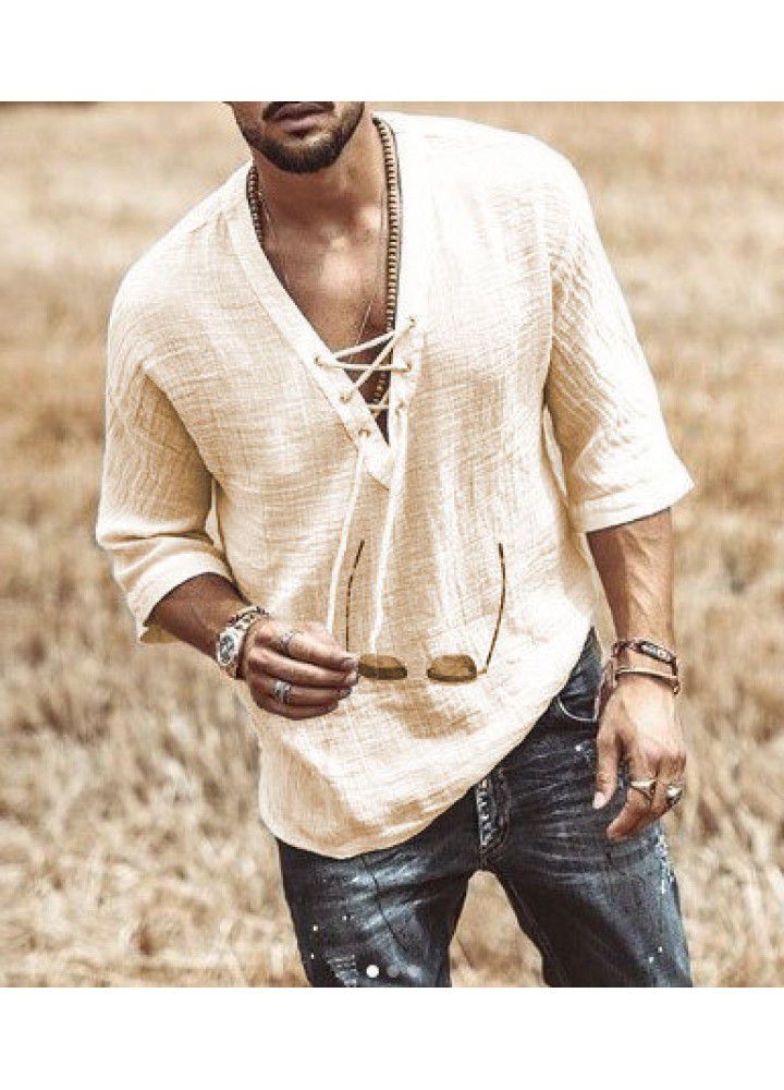 Spot 2021 new men's casual cotton and hemp shirt V-neck mid sleeve top