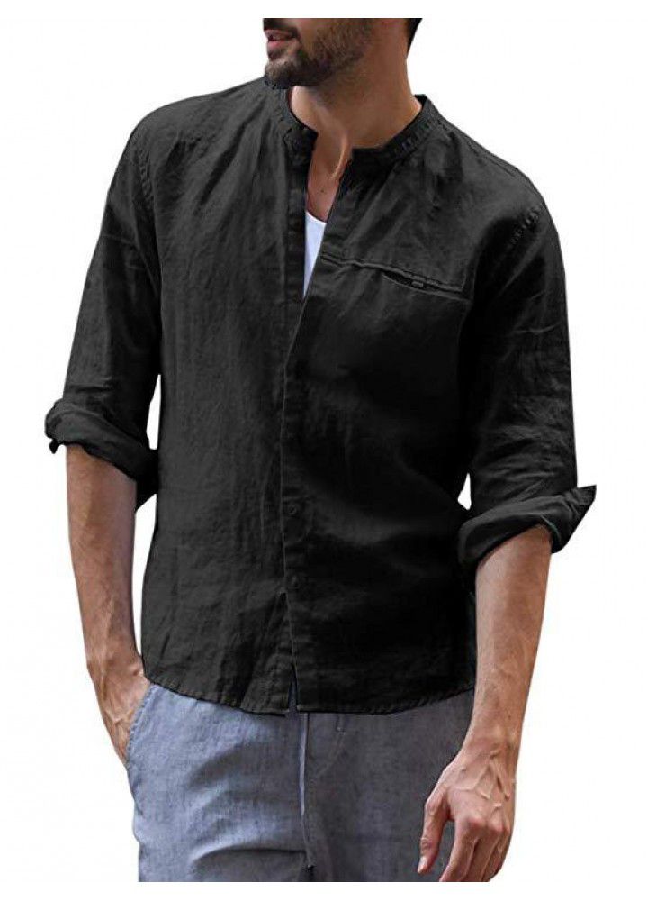 New foreign trade men's casual cotton and linen long sleeve shirt small stand collar casual open button shirt in autumn and winter of 2019