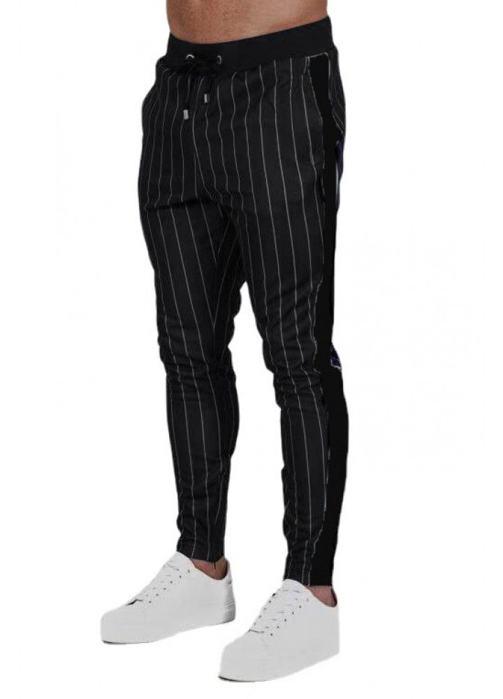 Foreign trade new fitness autumn and winter men's stripe sports suit casual sweater fitness stretch running pants