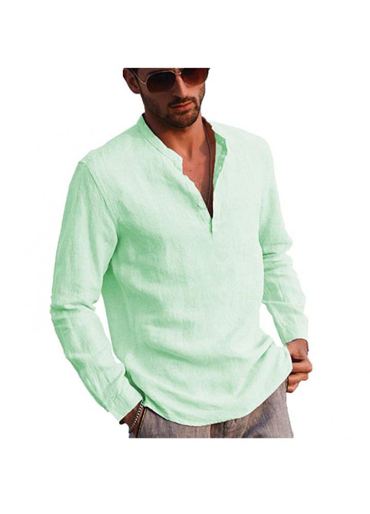 Spot 2021 new men's casual standing collar cotton and linen shirt cross border sales in Europe and America